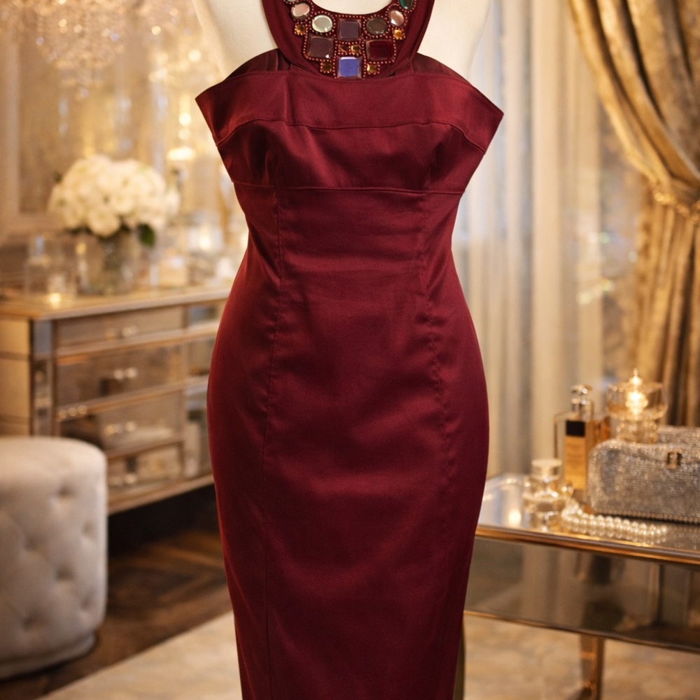Adrianna Papell Burgundy Satin Halter Sheath Dress